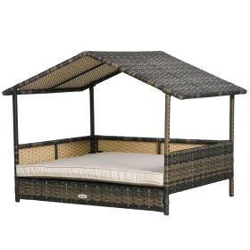 Wicker Dog House Indoor Outdoor Removable Cushion Lounge Khaki